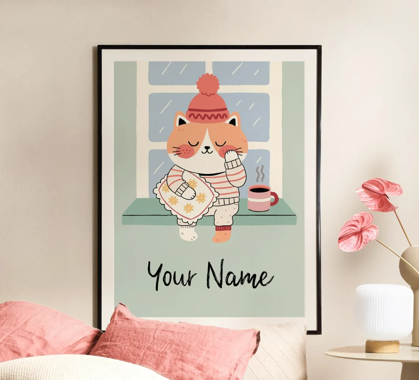 Sleepy Cat with Coffee - Cute Personalisable Pyjama Pet Gift carta hahnemühle da mw-art