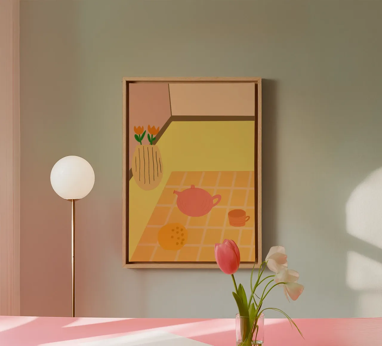 Sunday morning at the breakfast table canvas with Floater frame by Proper job studio