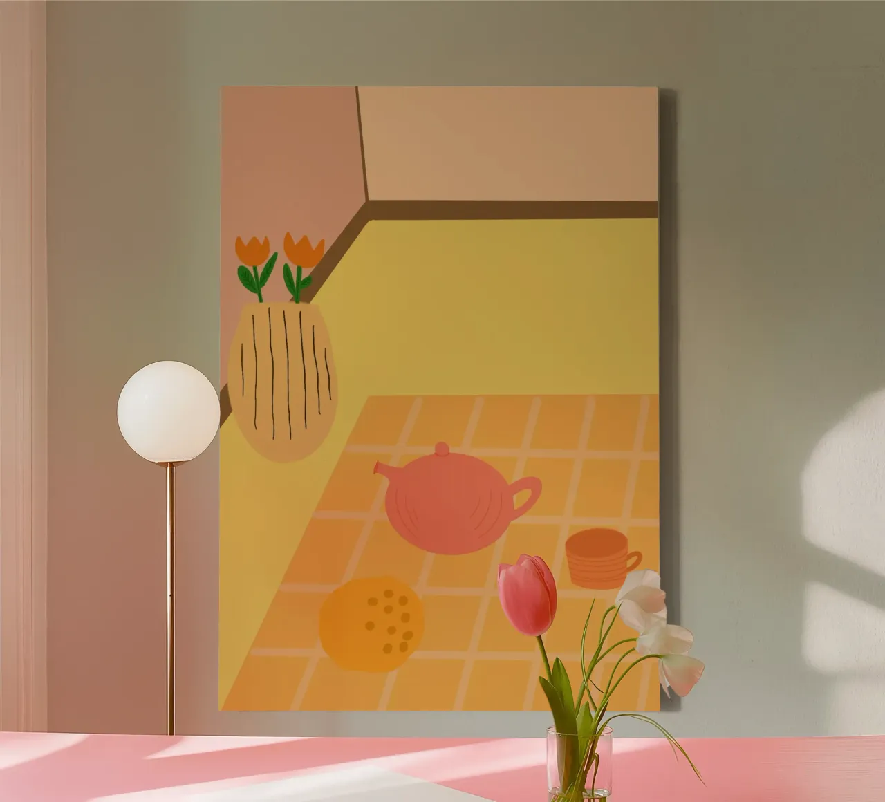 Sunday morning at the breakfast table canvas with Floater frame by Proper job studio