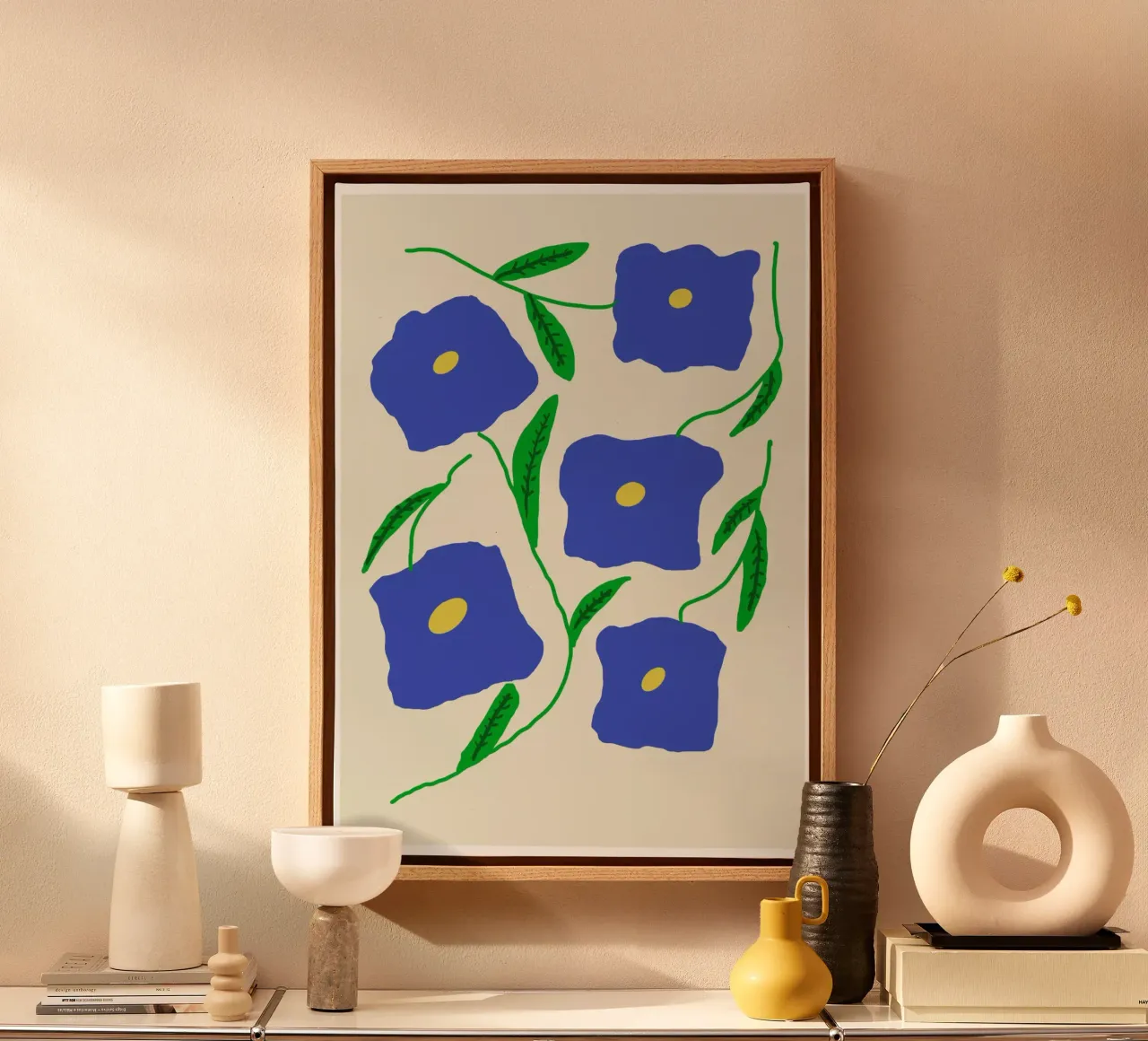 Bloemenkracht in blauw canvas met Baklijst van Proper job studio