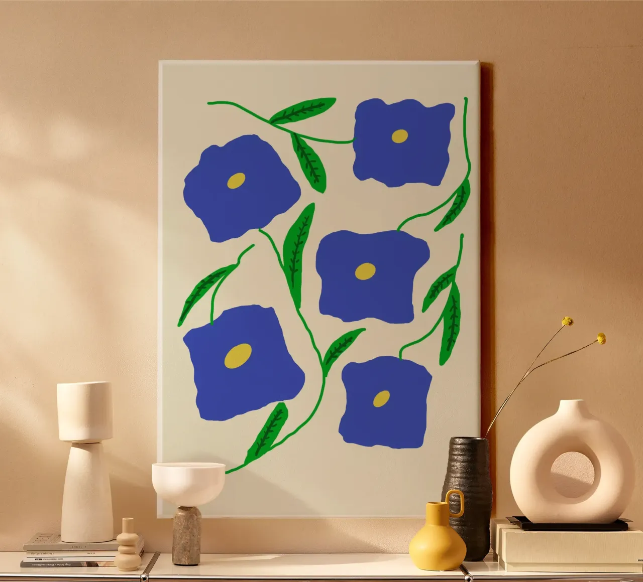 Bloemenkracht in blauw canvas met Baklijst van Proper job studio