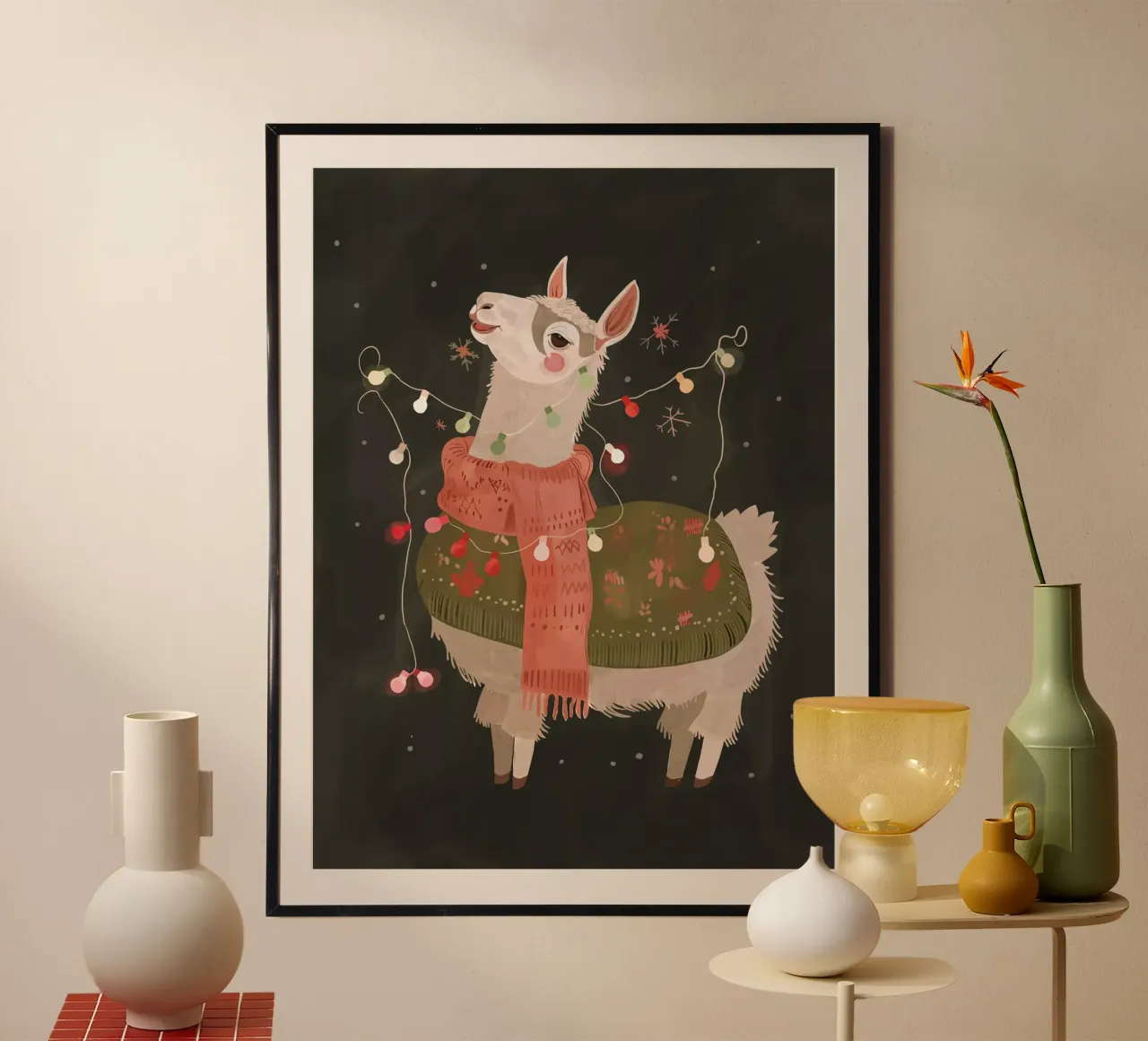 Gioia dei lama per le vacanze poster con telaio in plastica da ArtsySesta