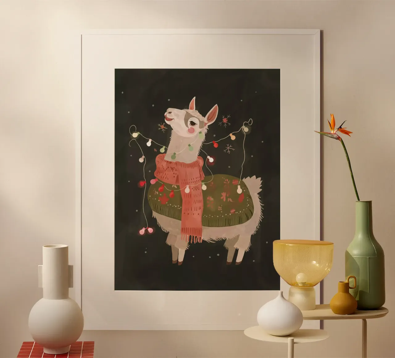 Gioia dei lama per le vacanze poster con telaio in plastica da ArtsySesta