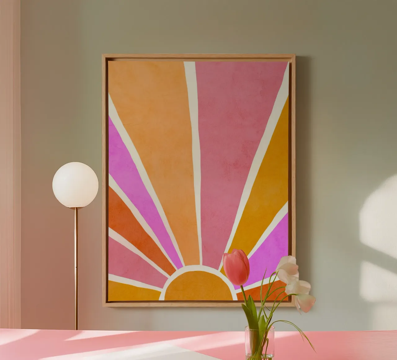 Rise and Shine - Retro zonsopgang oranje en roze canvas met Baklijst van Dominique Vari