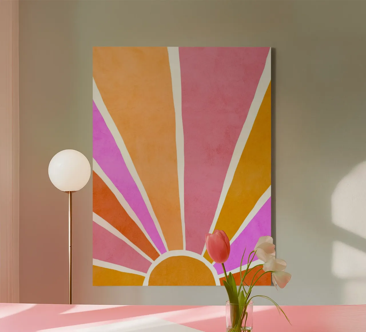 Rise and Shine - Retro zonsopgang oranje en roze canvas met Baklijst van Dominique Vari