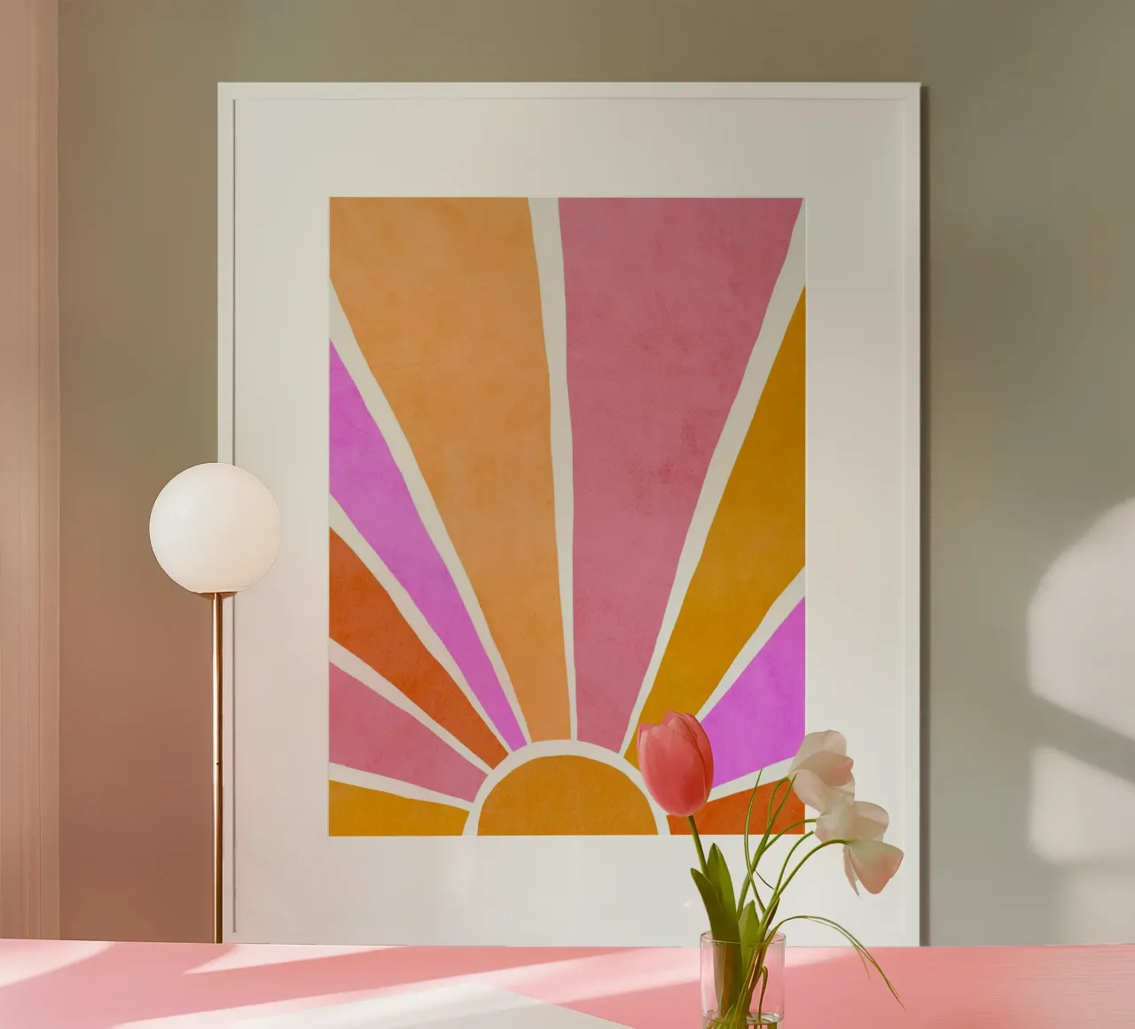 Rise and Shine - Alba retrò arancione e rosa poster con telaio in legno da Dominique Vari