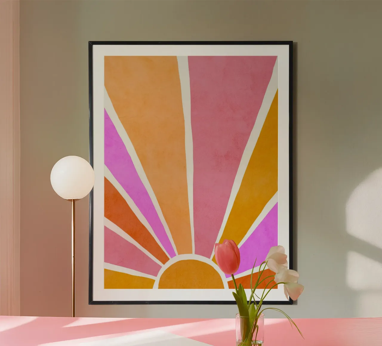 Rise and Shine - Alba retrò arancione e rosa poster con telaio in legno da Dominique Vari
