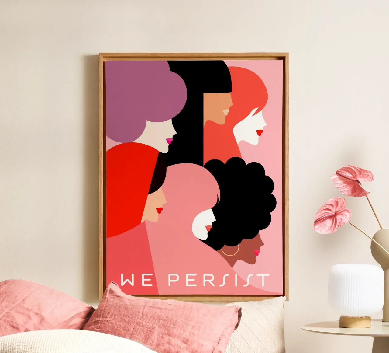 Girl Power Diversiteitsportret - We volharden in roze en koraal canvas met Baklijst van Dominique Vari
