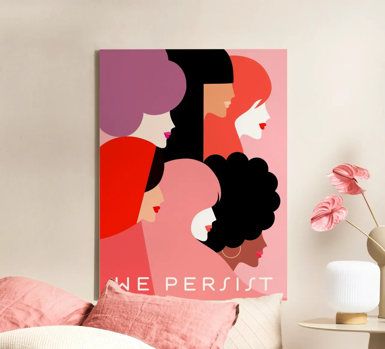 Girl Power Diversiteitsportret - We volharden in roze en koraal canvas met Baklijst van Dominique Vari