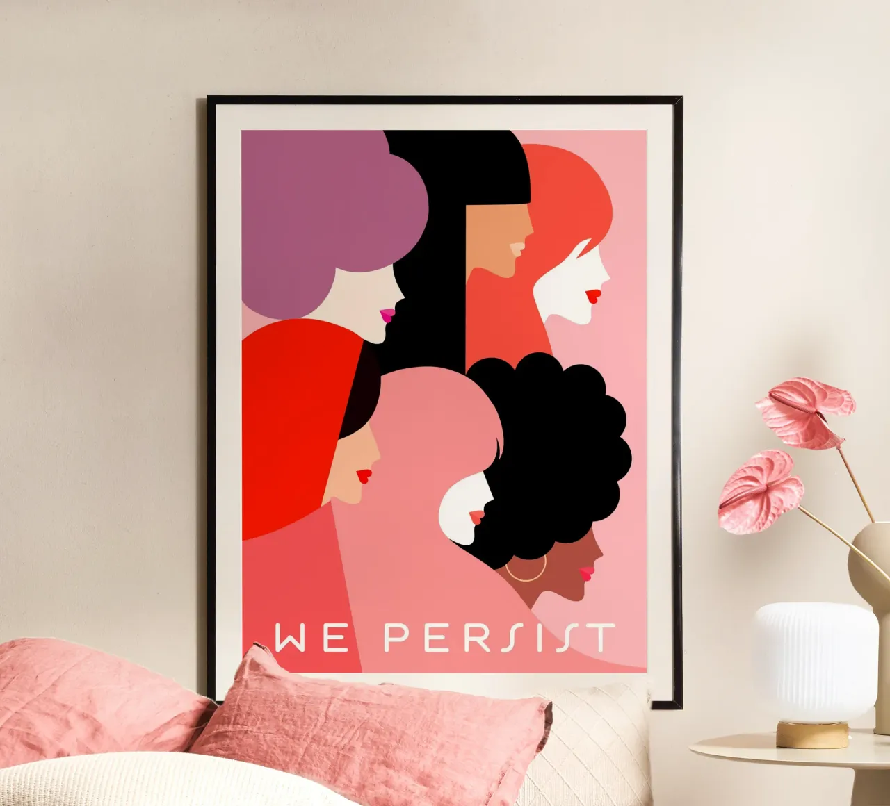 Ritratto di diversità Girl Power - Persistiamo nel rosa e nel corallo poster con telaio in legno da Dominique Vari