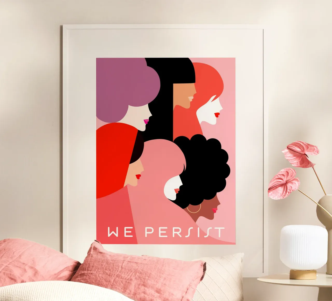 Ritratto di diversità Girl Power - Persistiamo nel rosa e nel corallo poster con telaio in legno da Dominique Vari