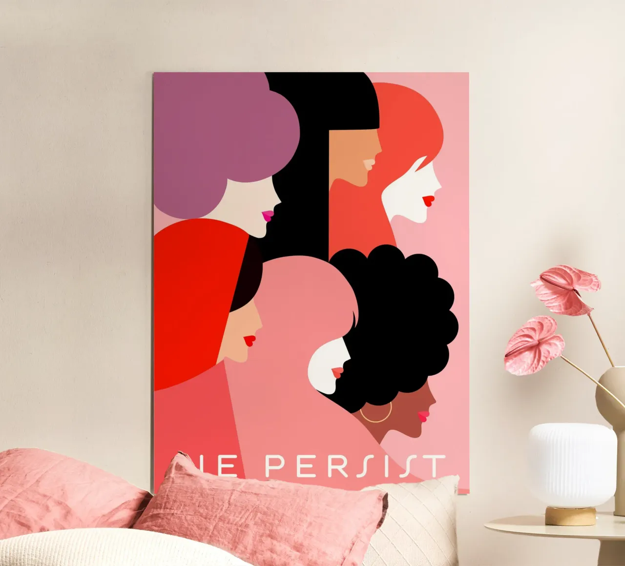Ritratto di diversità Girl Power - Persistiamo nel rosa e nel corallo poster con telaio in legno da Dominique Vari