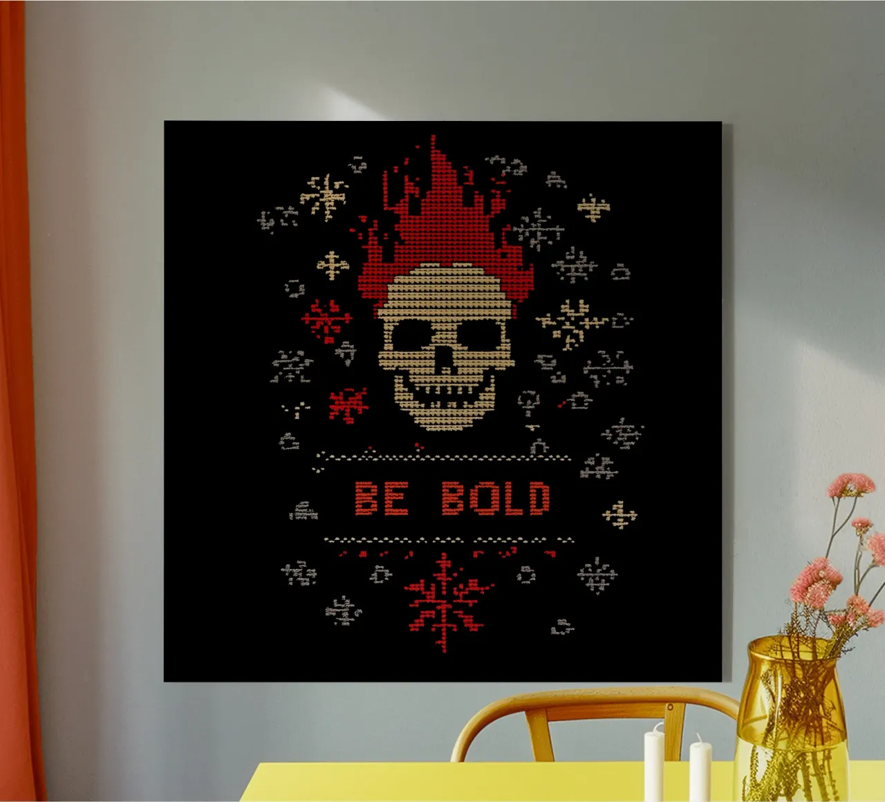 Be Loud | Be Bold | Schema a punto croce con teschio fiammeggiante plexiglass da Autofocus