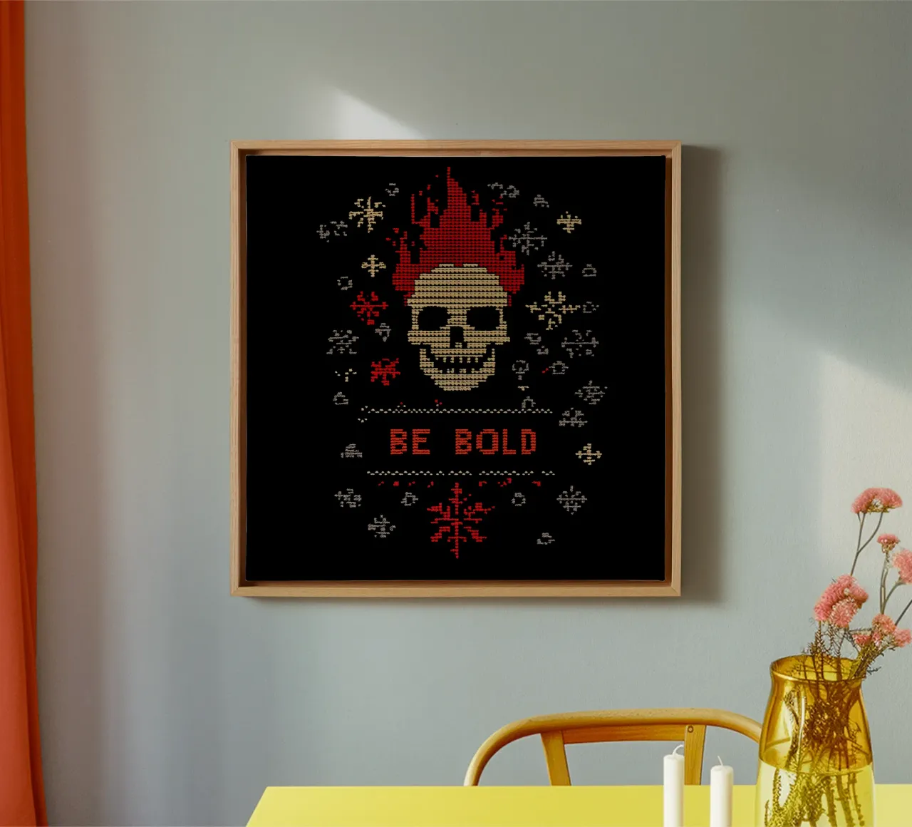 Be Loud | Be Bold | Cross stitch pattern with flaming skull canvas by Autofocus