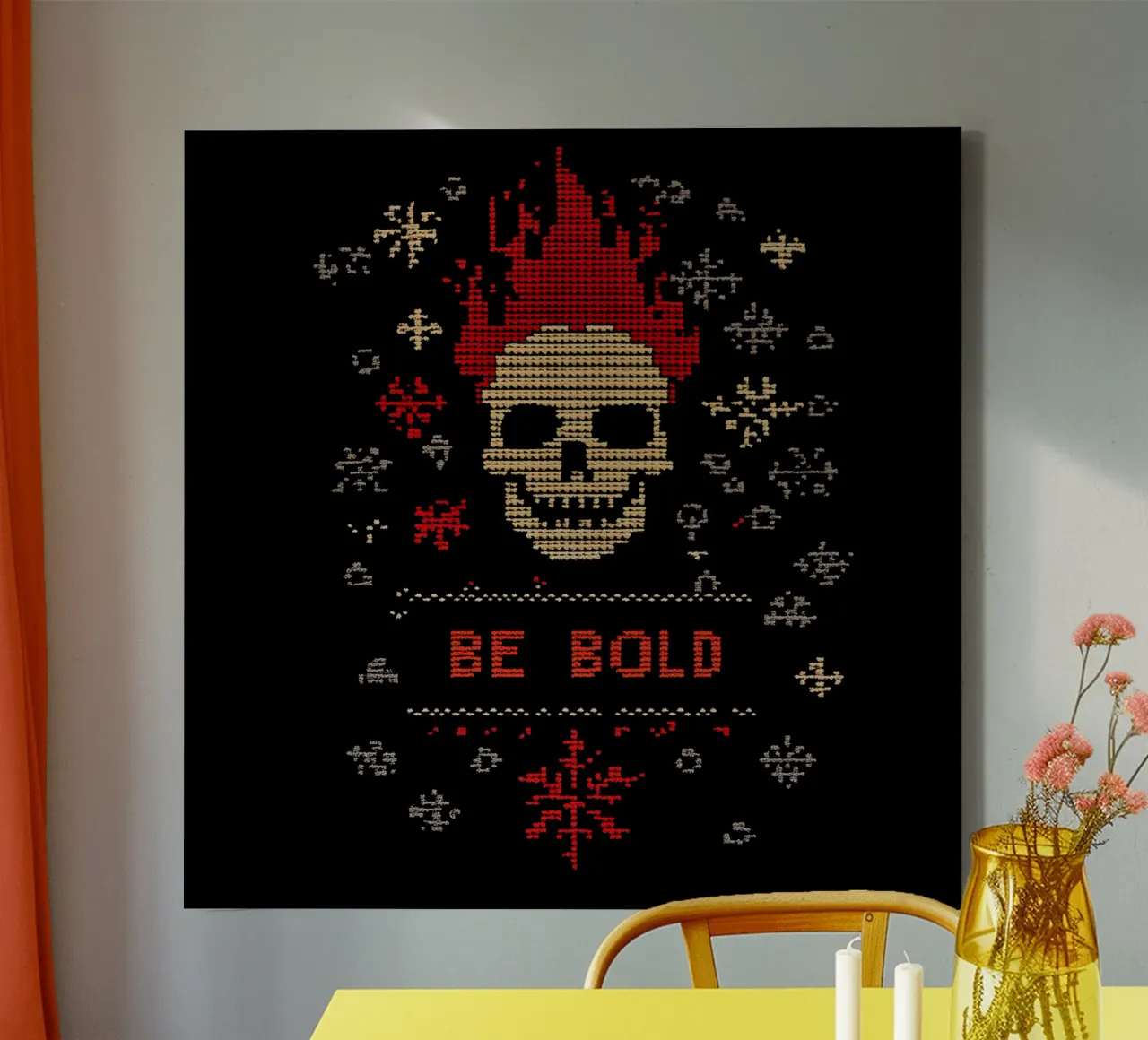 Be Loud | Be Bold | Cross stitch pattern with flaming skull canvas by Autofocus