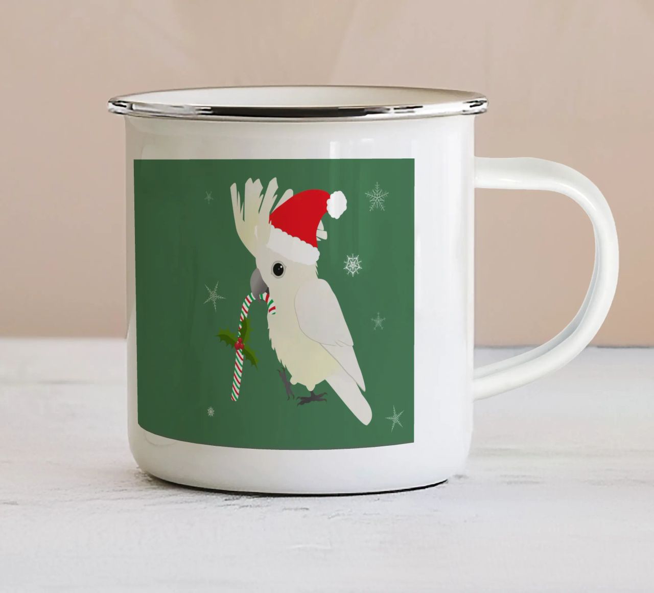 Un simpatico cacatua ombrello di Natale tazza in smalto da BwiseLizzy