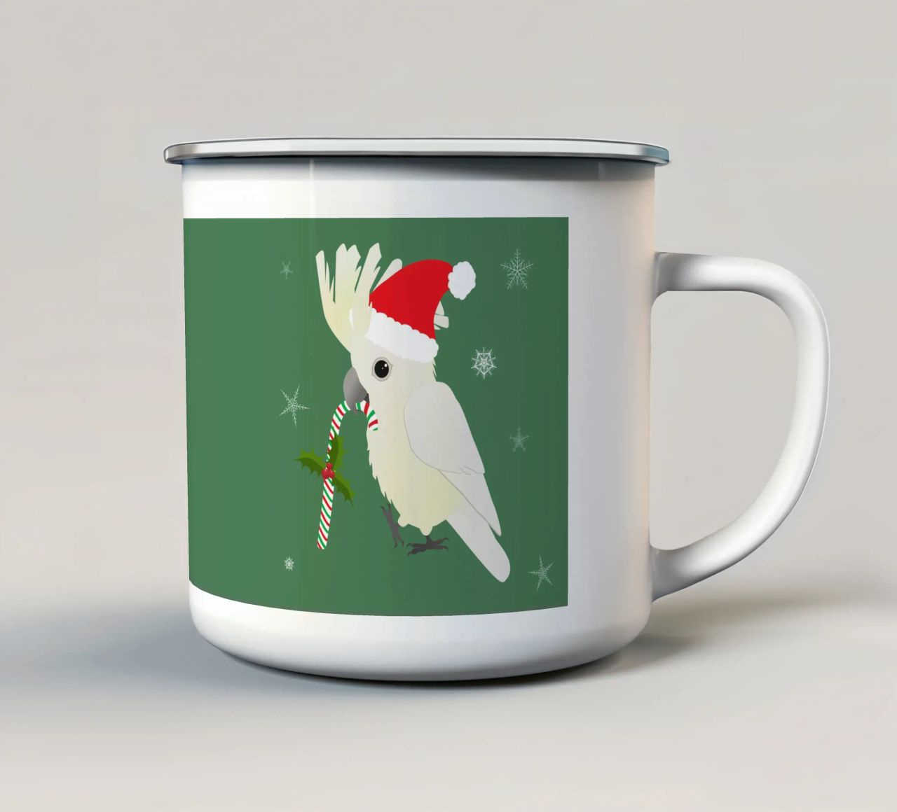 Un simpatico cacatua ombrello di Natale tazza in smalto da BwiseLizzy