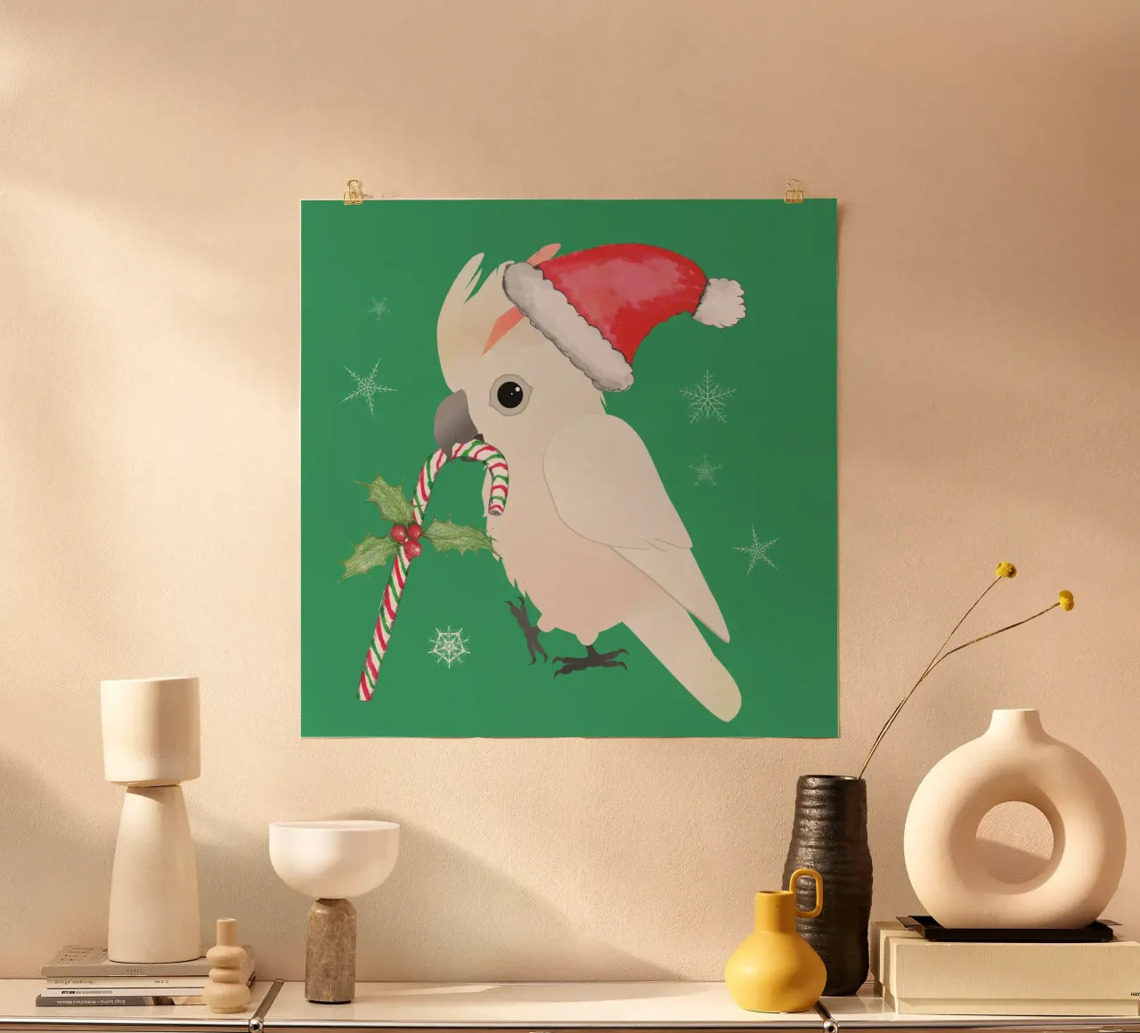 Un simpatico cacatua a cresta di salmone natalizio poster con telaio in legno da BwiseLizzy