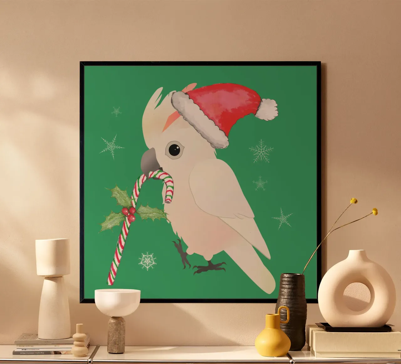 Un simpatico cacatua a cresta di salmone natalizio poster con telaio in legno da BwiseLizzy