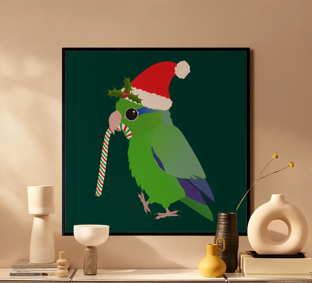 Een schattige kerstgroene pacific papegaai poster met houten frame van BwiseLizzy