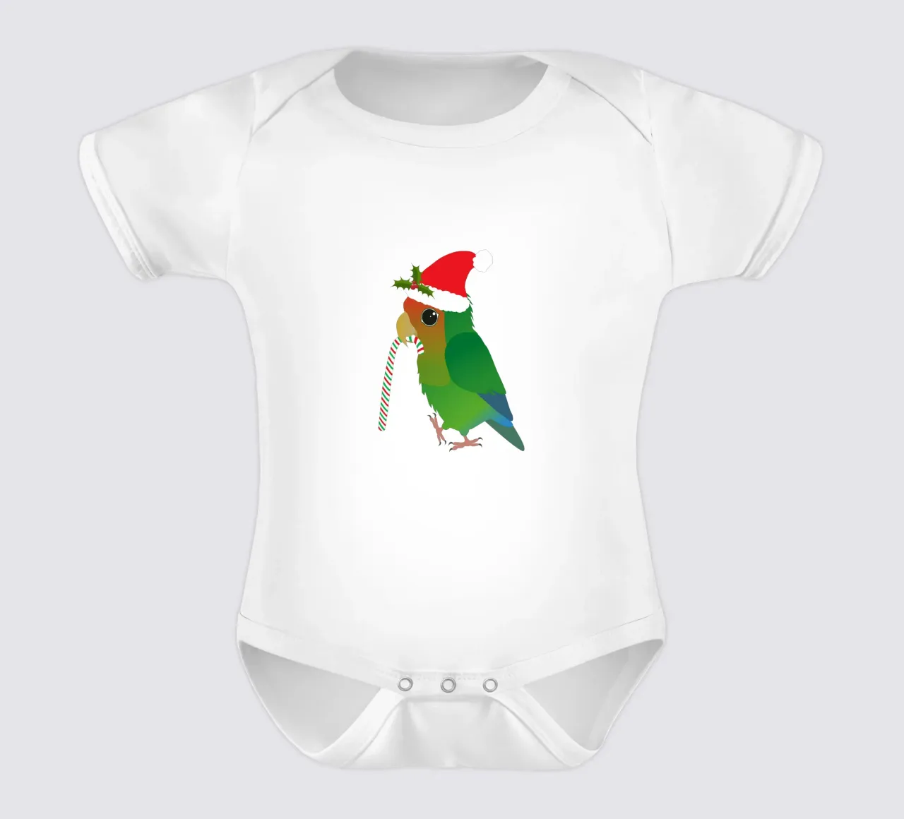 A cute Christmas peach faced lovebird short-sleeve baby romper by BwiseLizzy