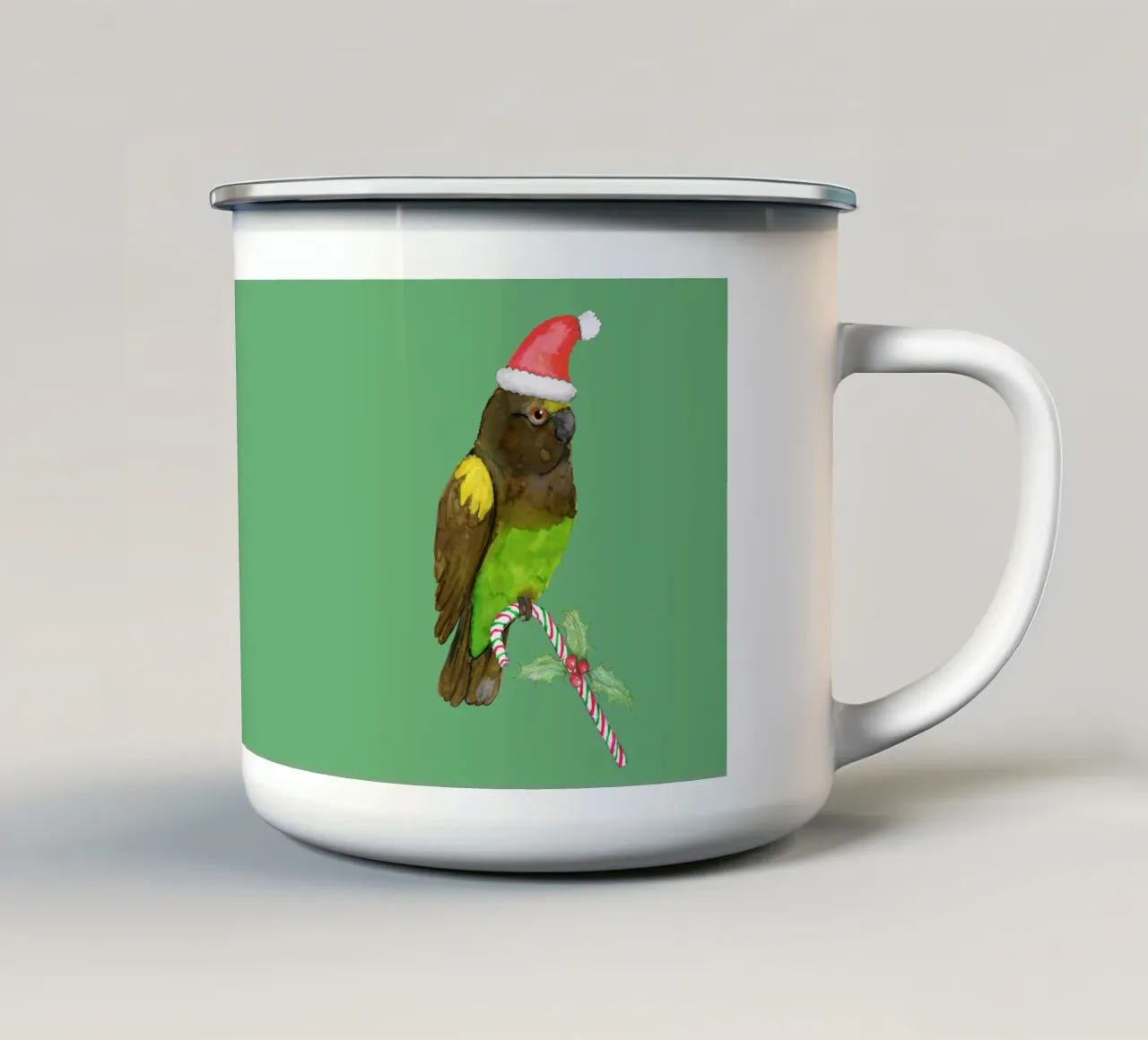 Il pappagallo di Meyer in stile natalizio tazza in smalto da BwiseLizzy