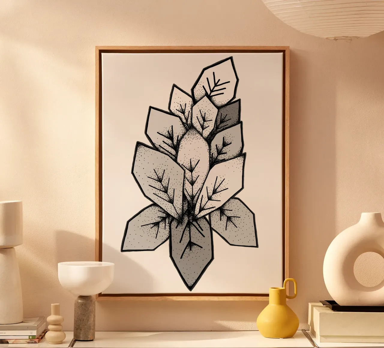 Lineart | geometric leaves Leinwand mit Schattenfugenrahmen von venten