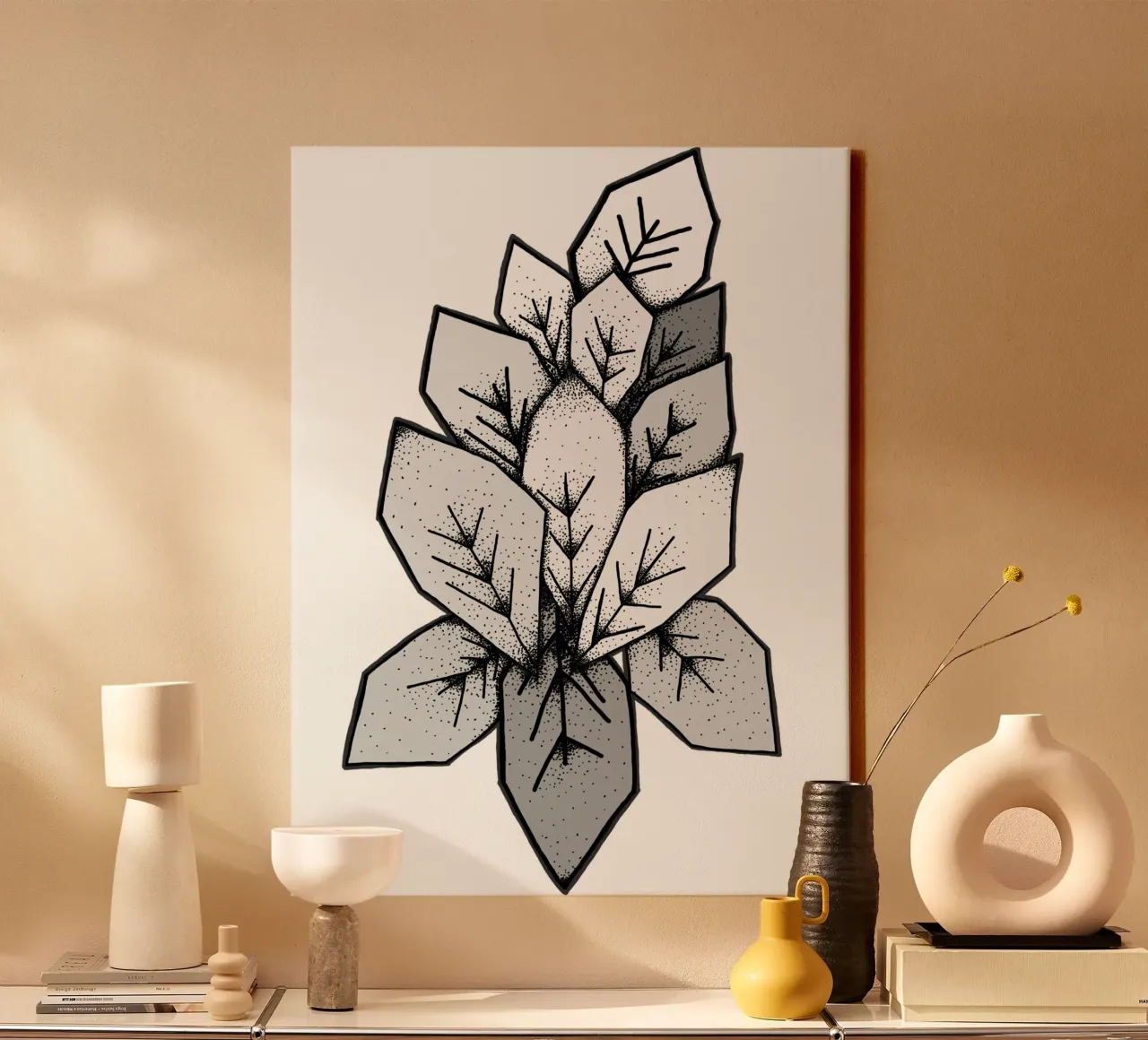 Lineart | geometric leaves Leinwand mit Schattenfugenrahmen von venten