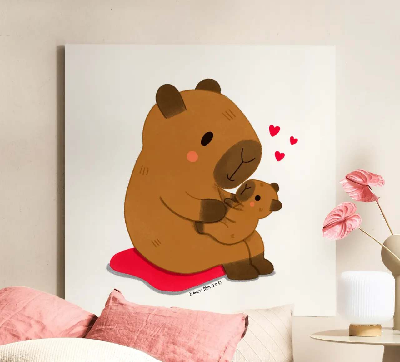 Vader / moeder Capibara en baby canvas met Baklijst van julianamotzko