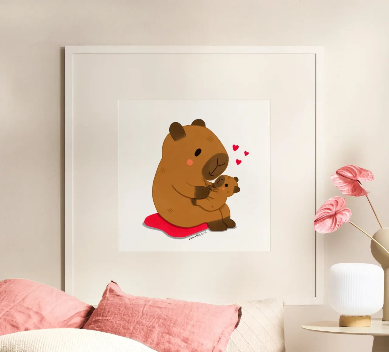 Vader / moeder Capibara en baby poster met houten frame van julianamotzko