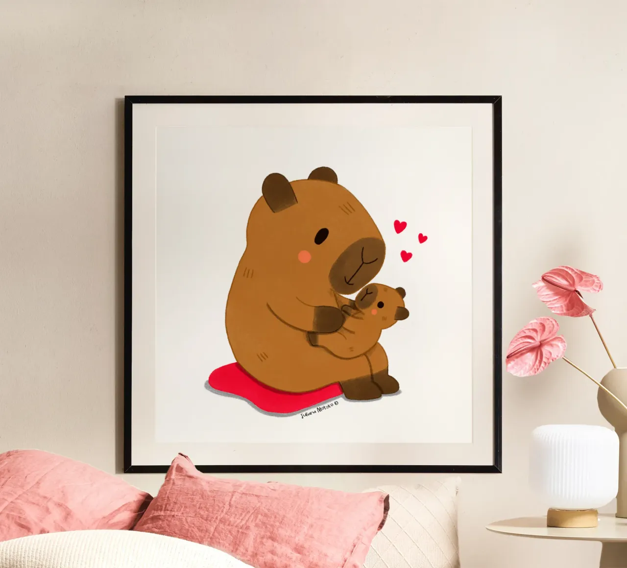 Vader / moeder Capibara en baby poster met houten frame van julianamotzko