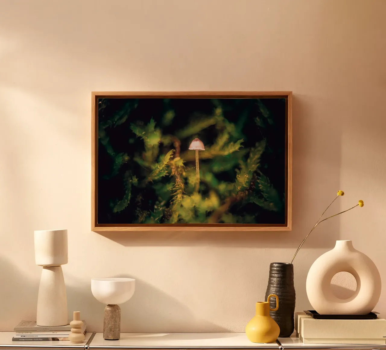 Photo of a small mushroom in the moss canvas with Floater frame by Neige Nature Capture