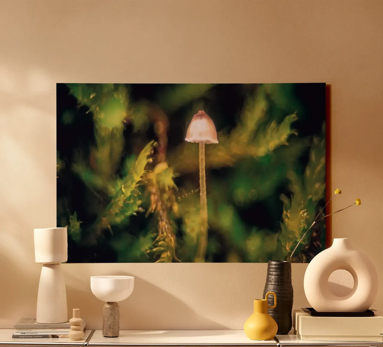 Photo of a small mushroom in the moss canvas with Floater frame by Neige Nature Capture