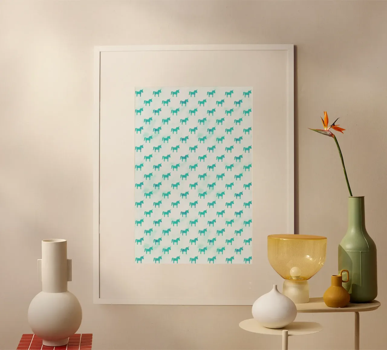Unicorn Party Aqua poster con telaio in legno da Leah Flores