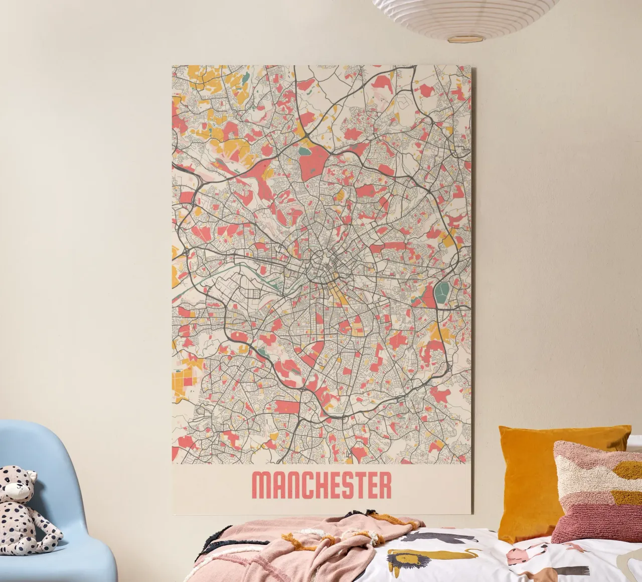 Manchester a fuoco - Elegante mappa della città in un design d'autore alluminio dibond da MOOODZART