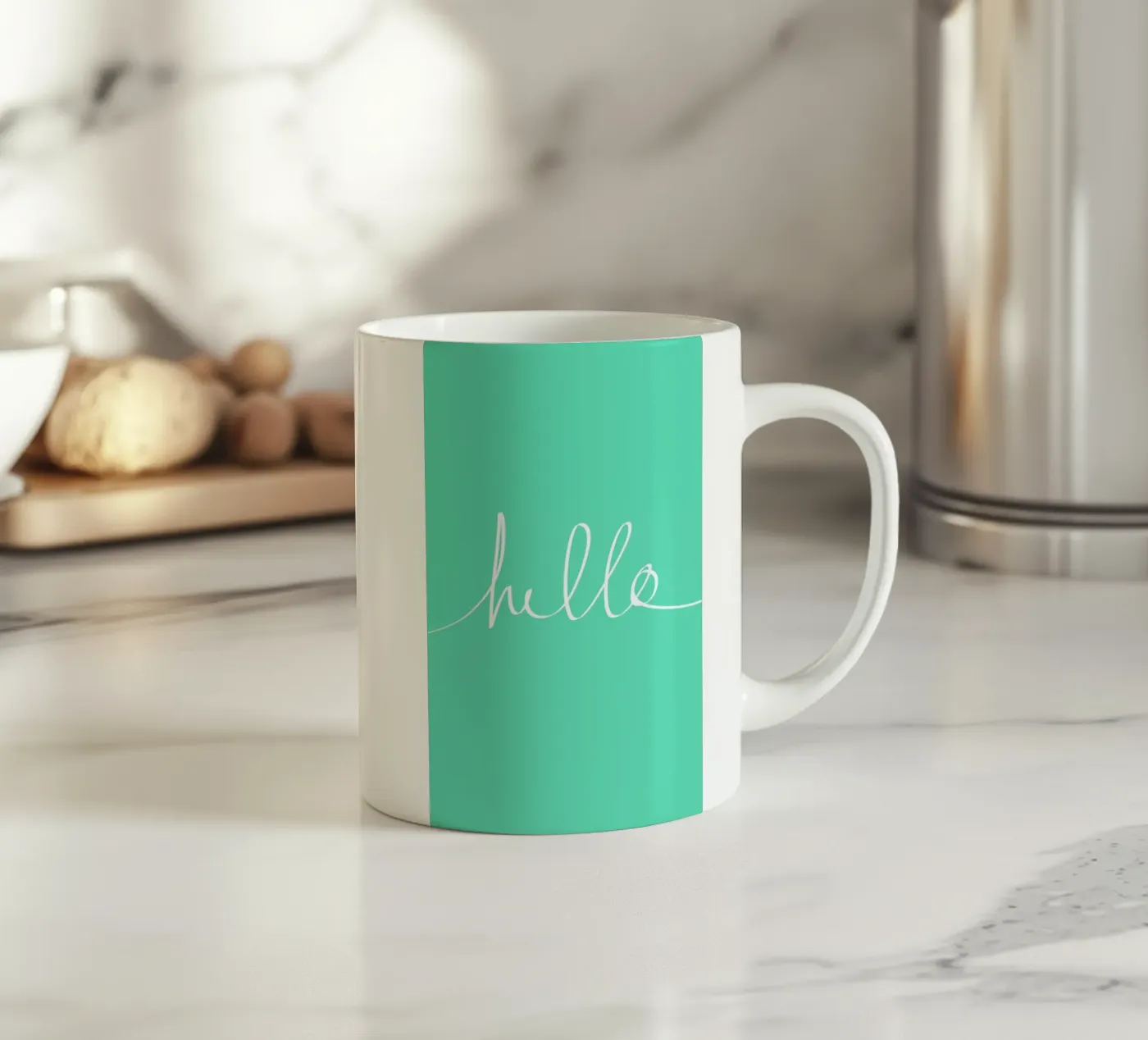 Hello Mint ceramic mug by Leah Flores