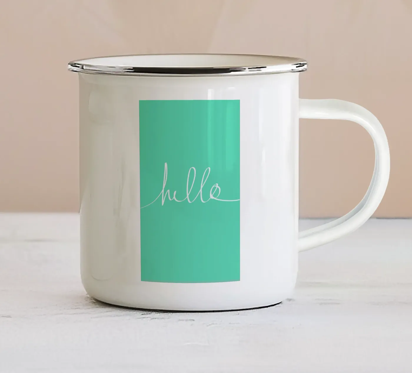 Hello Mint enamel mug by Leah Flores
