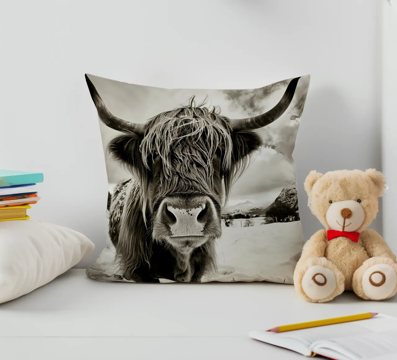 Bellezza selvaggia: Highland Cow nel suo splendore cuscino da Nikis Art Studio