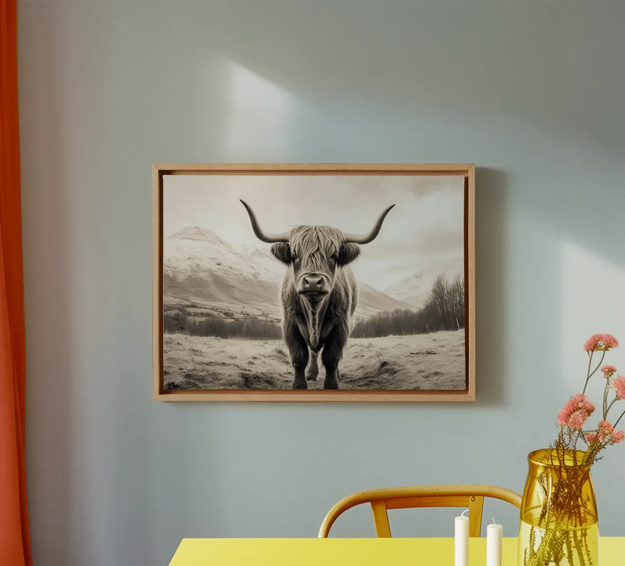 Highland dreams: In the eyes of the gentle giants canvas with Floater frame by Nikis Art Studio