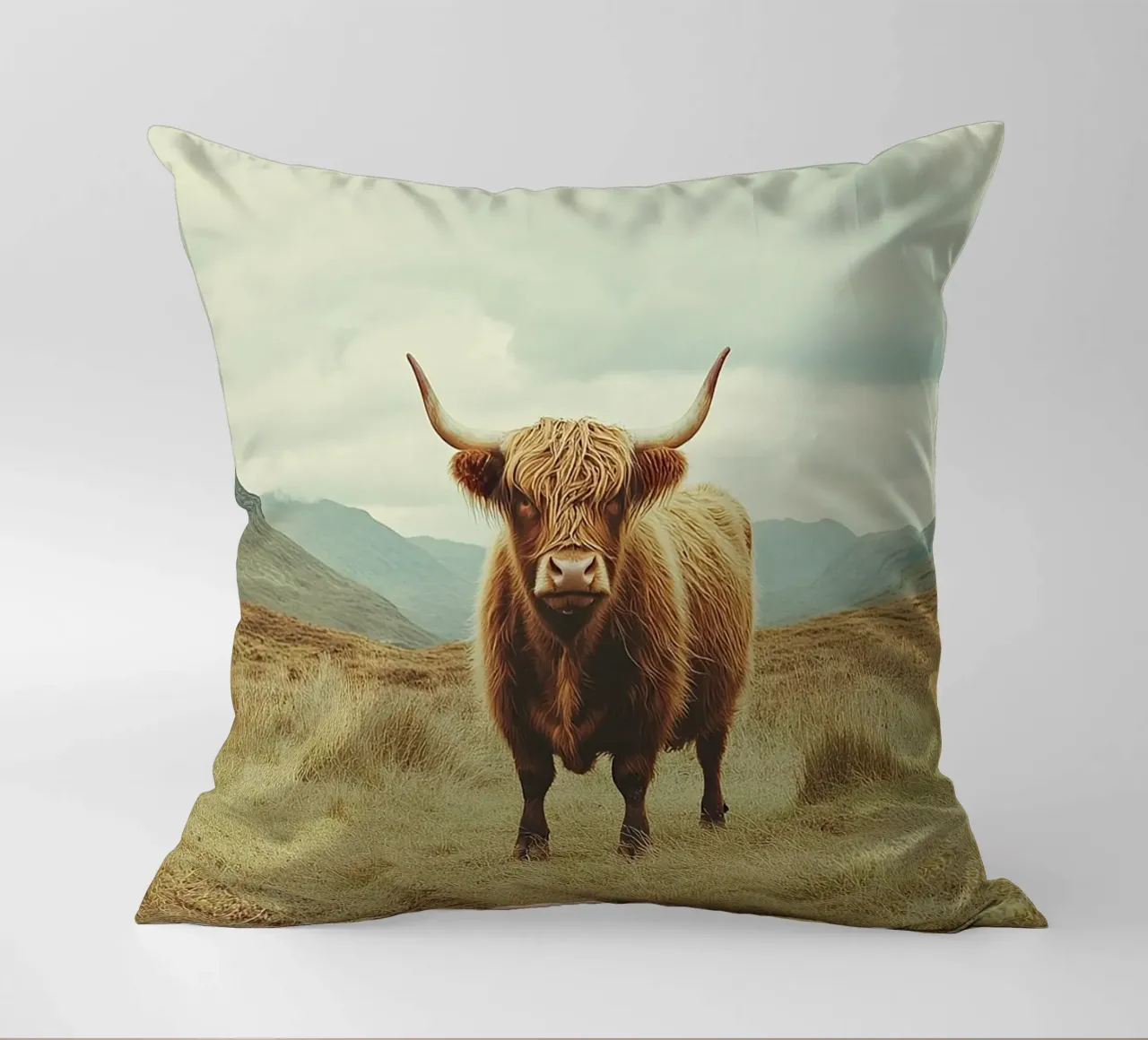Giganti gentili: La mucca delle Highlands in natura cuscino da Nikis Art Studio