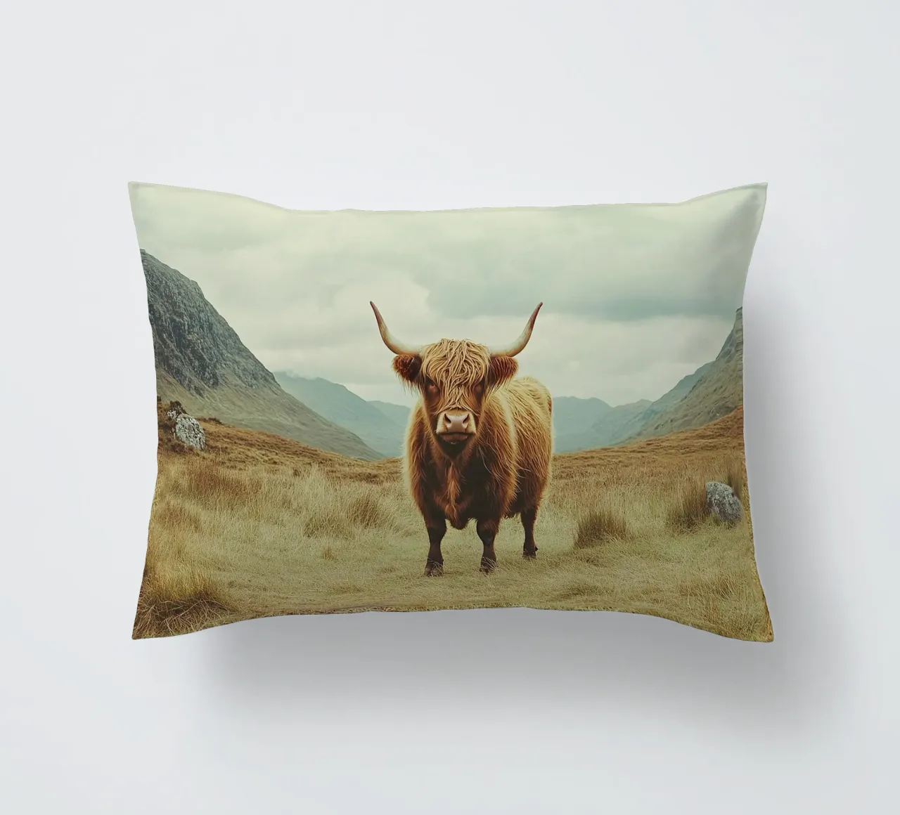Giganti gentili: La mucca delle Highlands in natura cuscino da Nikis Art Studio