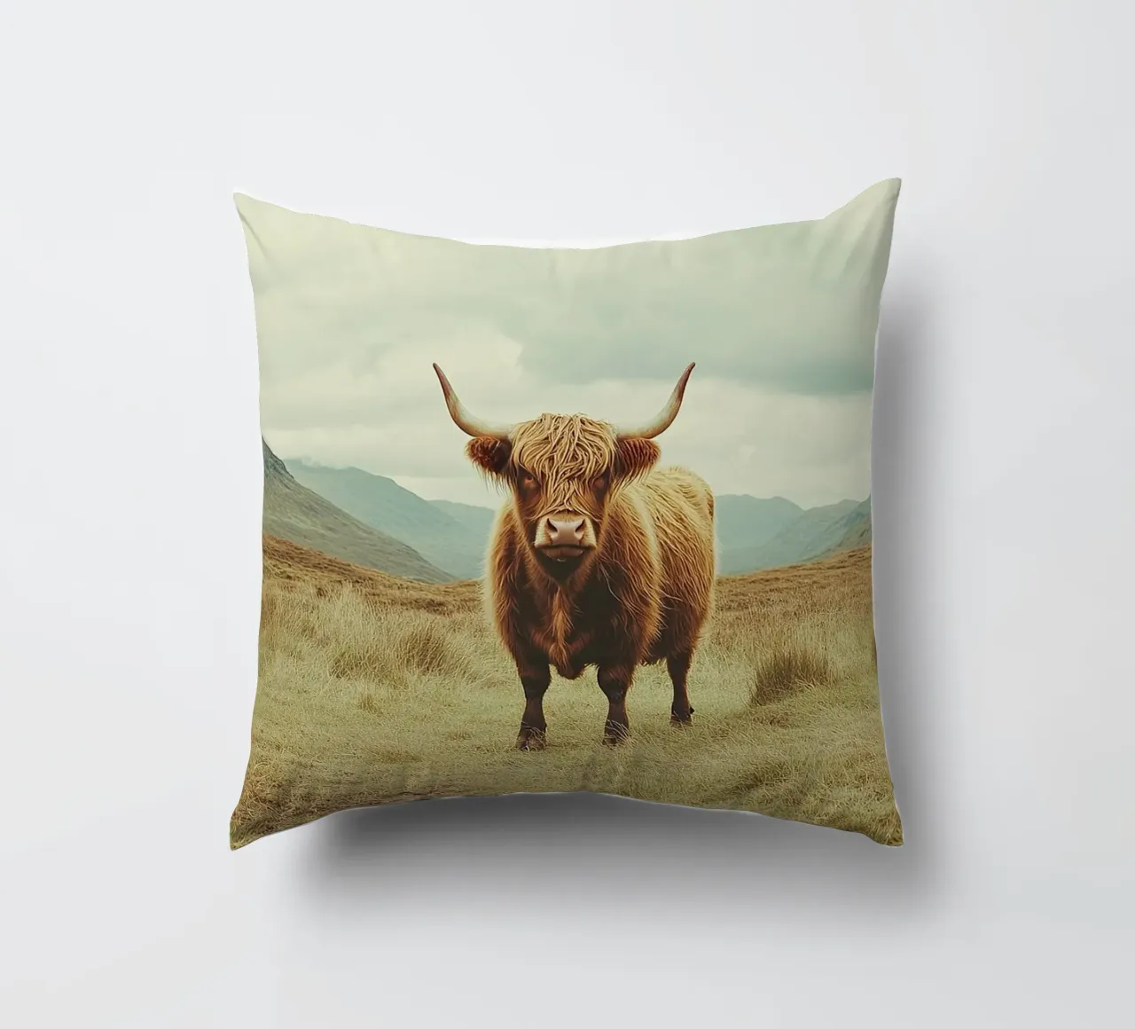 Giganti gentili: La mucca delle Highlands in natura cuscino da Nikis Art Studio