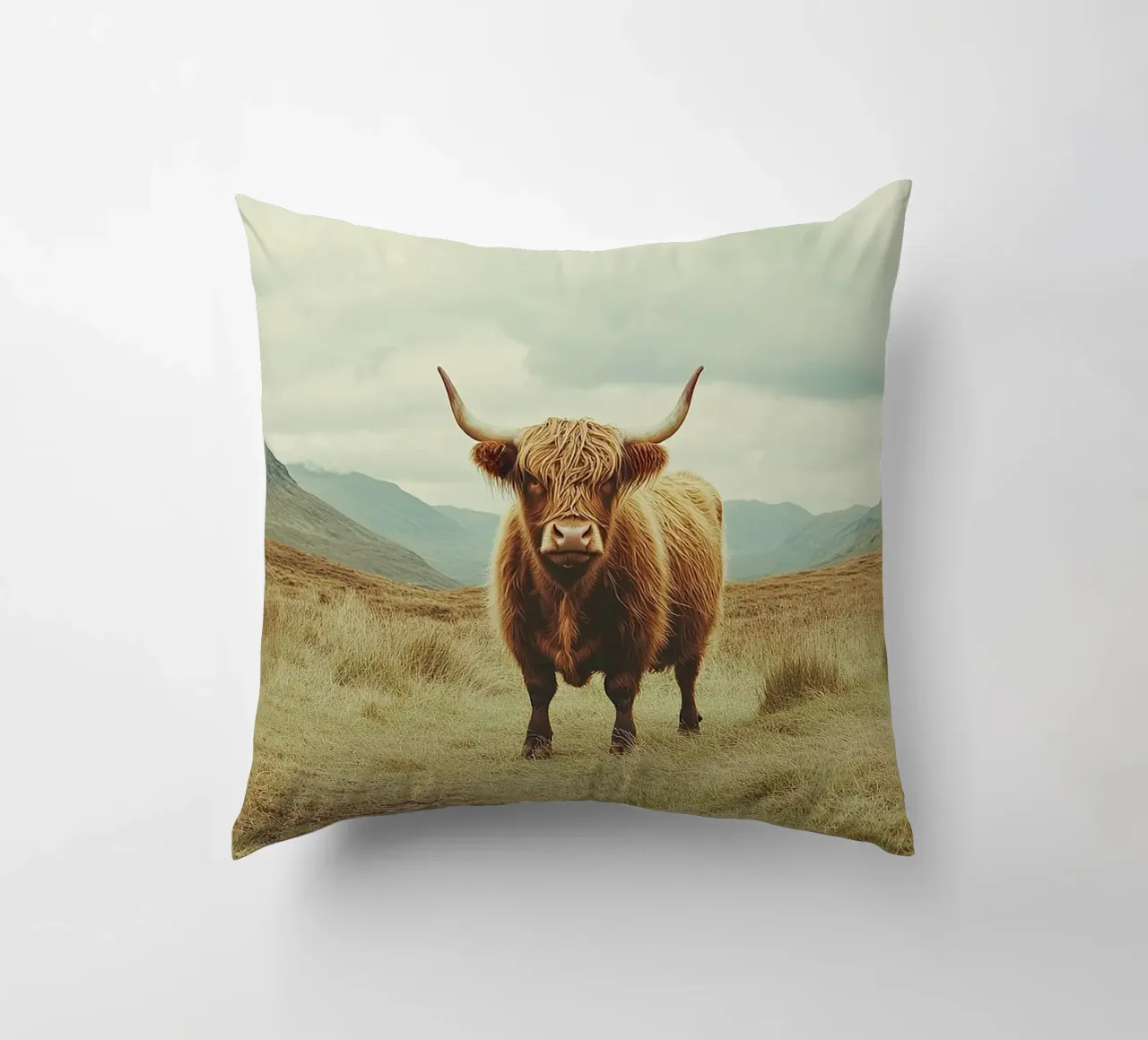 Giganti gentili: La mucca delle Highlands in natura cuscino da Nikis Art Studio