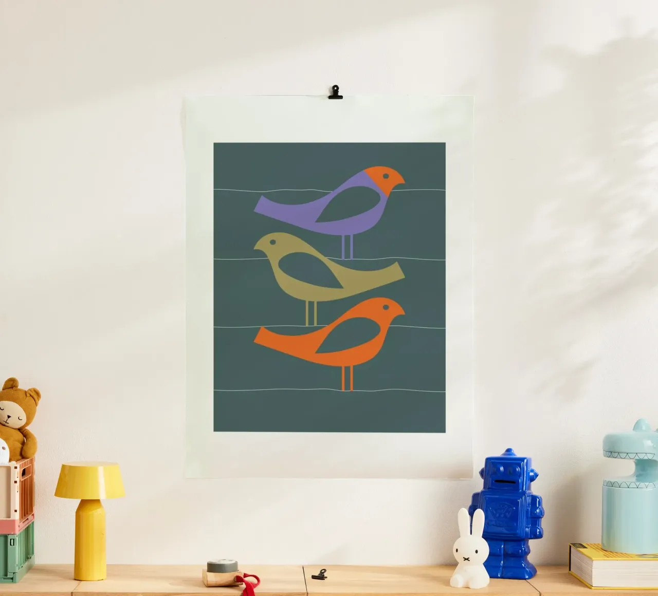 Three Scandi Birds 2 poster con telaio in alluminio da Visual Philosophy