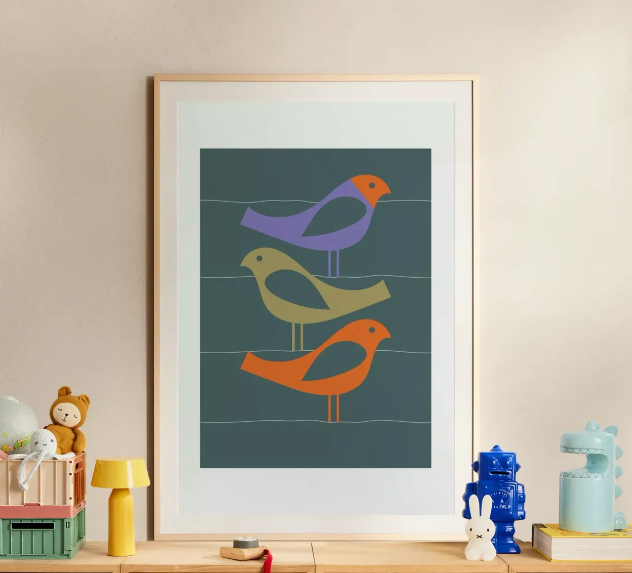 Three Scandi Birds 2 poster con telaio in alluminio da Visual Philosophy