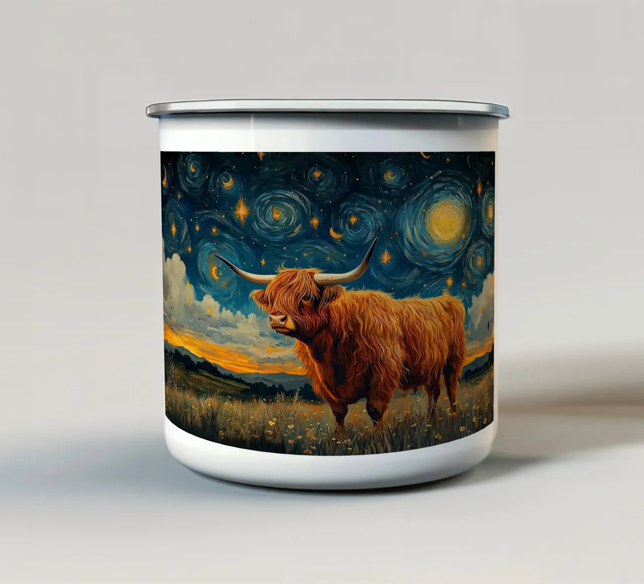 Leggenda scozzese: Focus sulla mucca delle Highlands tazza in smalto da Nikis Art Studio