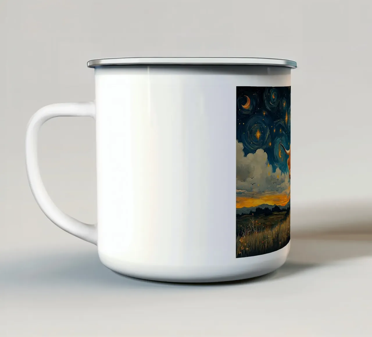 Leggenda scozzese: Focus sulla mucca delle Highlands tazza in smalto da Nikis Art Studio