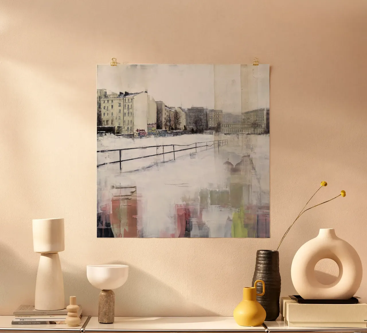 "BERLINO_24_01" Veduta della città di Berlino Friedrichshain in inverno poster con telaio in legno da Eduard Warkentin Art