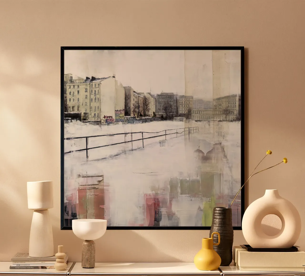"BERLINO_24_01" Veduta della città di Berlino Friedrichshain in inverno poster con telaio in legno da Eduard Warkentin Art
