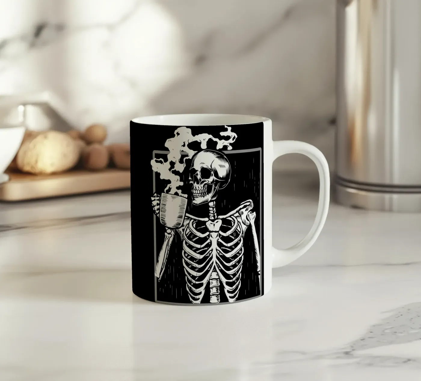 skeleton drinking coffee tazza in ceramica da edsonramosart